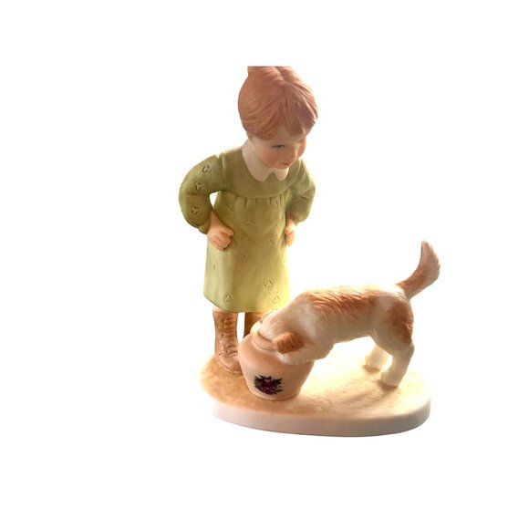 Little Girl & Dog Figurine In Green Dress Sharing A Snack Ceramic Statue - Picture 1 of 8